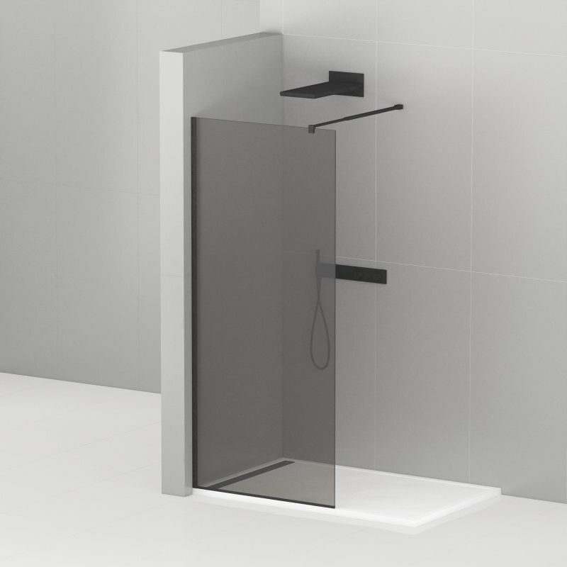 Изображение товара Душевая стенка Cezares LIBERTA-L-1-120-GR-NERO 120 см, со свободным входом, телескопический кронштейн 75-105 см, стекло графит, профиль черный