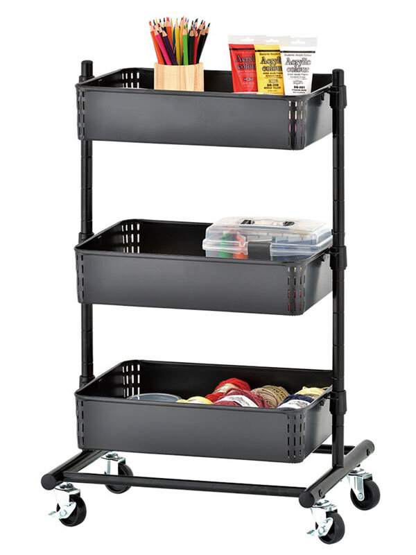 Изображение товара Стильная металлическая этажерка на колесиках с 3 корзинками черная
