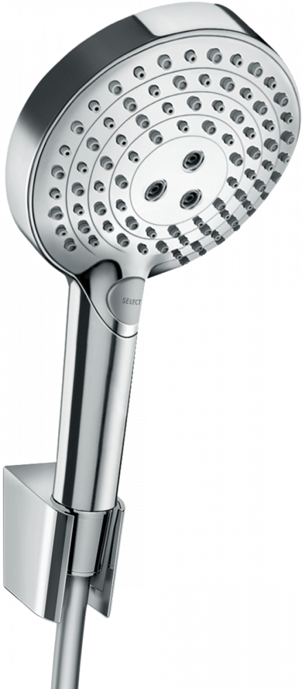 Изображение товара Душевой гарнитур Hansgrohe Raindance Select S 120 PowderRain Porter, 27669000, шланг 125 см, 3 режима струи, хром