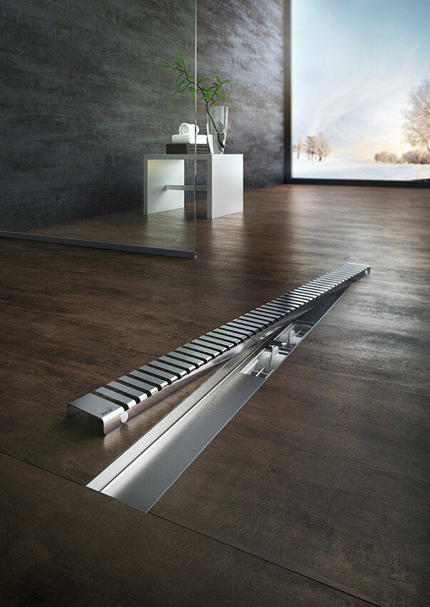 Изображение товара Водоотводящий желоб AlcaPlast APZ1SMART-LINE-750 с порогами для перфорированной решетки