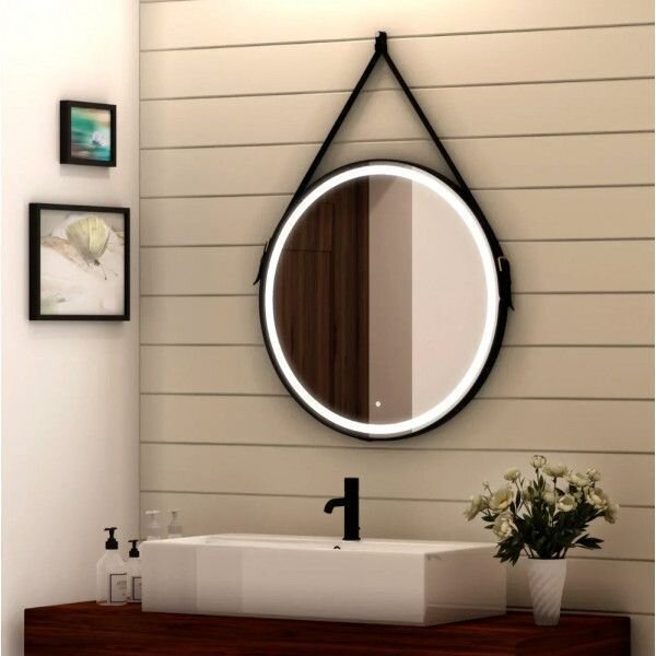 Изображение товара Зеркало Art&Max Milan AM-Mil-800-DS-F-Nero 80 x 80 см с подсветкой, на ремне из черной кожи