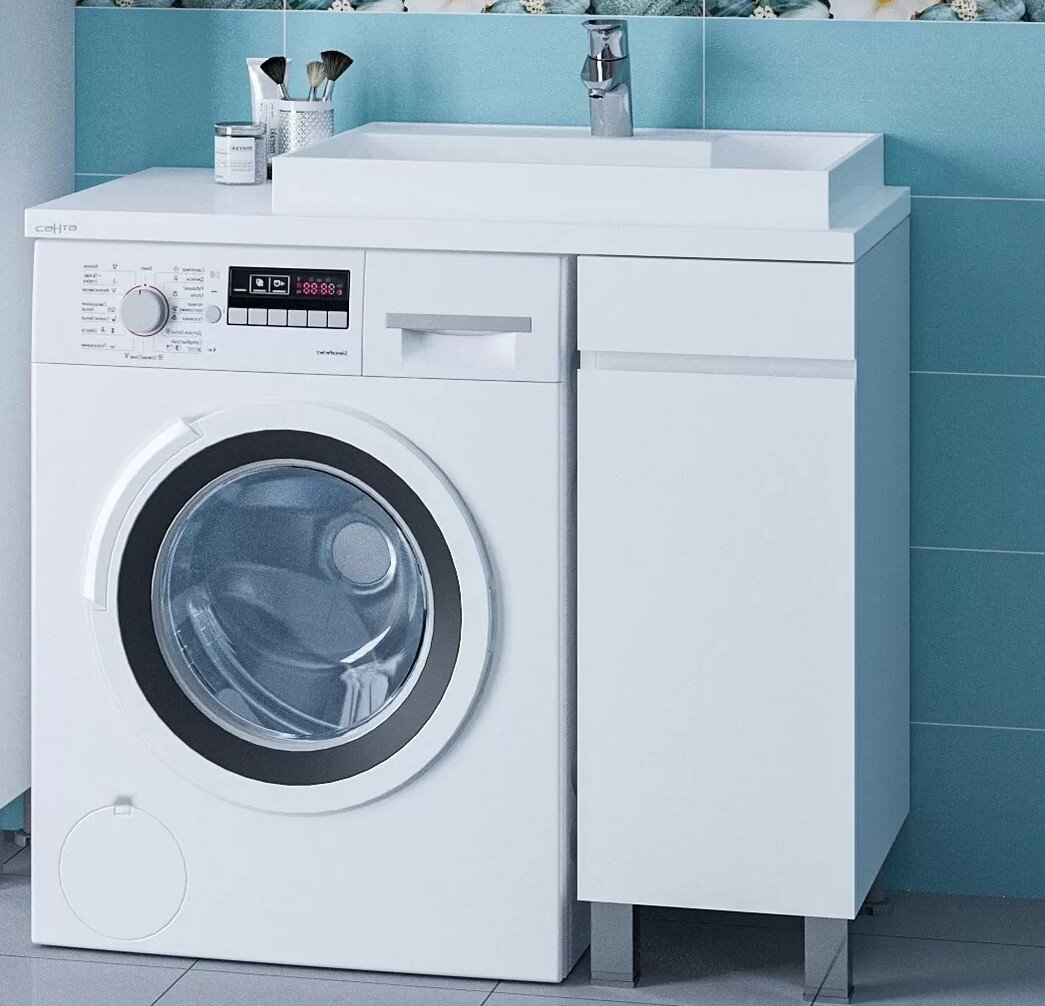 Изображение товара Умывальник над стиральной машиной СаНта Юпитер 90х50 см, белый, угловой, монолитная раковина из иск