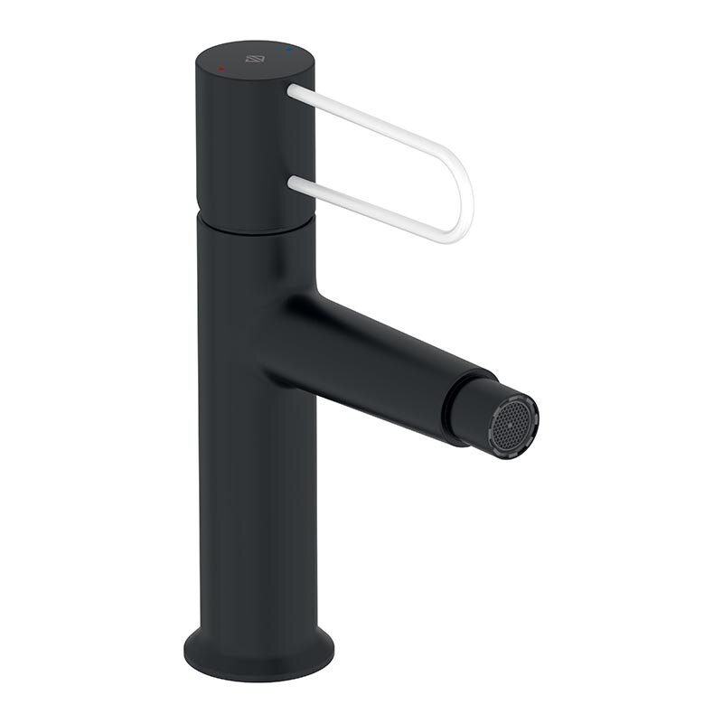 Изображение товара Смеситель для биде Jacob Delafon Odeon Rive Gauche E21033-00-BL, черный с белой ручкой, донный клап