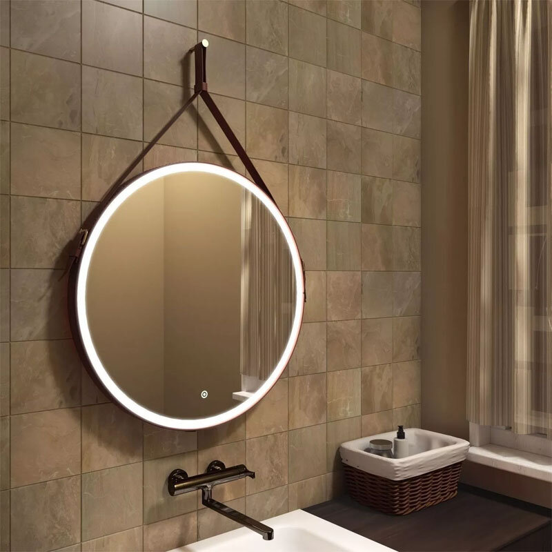 Изображение товара Зеркало Art&Max Milan AM-Mil-650-DS-F-Brown 65 см с подсветкой, на ремне из коричневой кожи