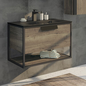 Изображение товара Подвесная тумба с раковиной Comfortу Бонн 75 см черная, влагостойкая мебель для ванной