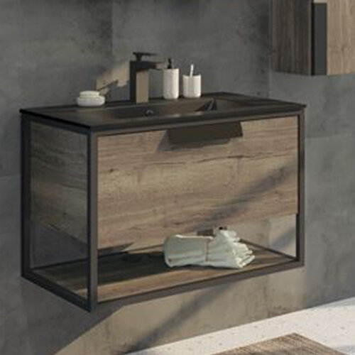 Изображение товара Тумба с раковиной Comfortу Бонн 90 см подвесная дуб темный черная раковина керамика