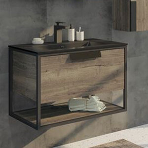 Изображение товара Тумба с раковиной Comfortу Бонн 90 см подвесная дуб темный черная раковина керамика