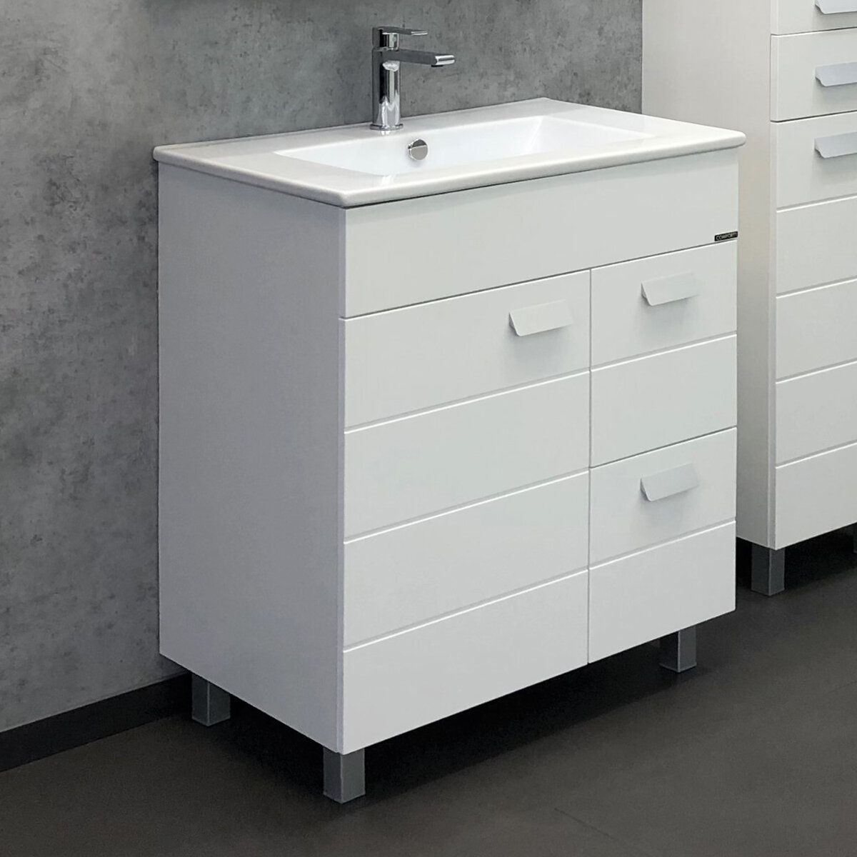 Изображение товара Тумба с раковиной Comfortу Модена, 75 см, напольная, белый матовый, раковина Quadro белая, 00-00001643 (00-00001643CF)