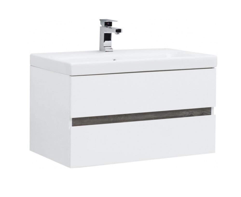 Изображение товара Тумба под раковину Aquanet Беркли 80 см подвесная с 2 ящиками, белый глянец и дуб рошелье