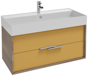 Изображение товара Тумба под раковину Jacob Delafon Vivienne 100 см, корпус дуб табак, фасад императорский жёлтый сатин, ручки хром, EB1508-E52-S48