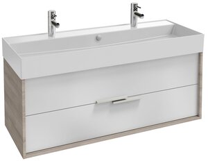 Изображение товара Тумба под раковину Jacob Delafon Vivienne 120 см, корпус серый дуб, фасад белый глянцевый лак, без ручек, EB1586-E71-G1C Изображение товара Тумба под раковину Jacob Delafon Vivienne 120 см, корпус серый дуб, фасад белый глянцевый лак, без ручек, EB1586-E71-G1C