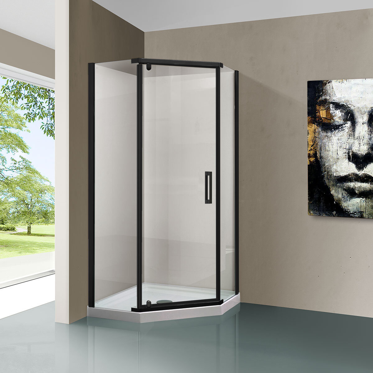 Изображение товара Душевой уголок Vincea Stresa VSP-1S900CLB, 90 x 90 см, пятиугольный, дверь распашная, стекло прозрачное, черный