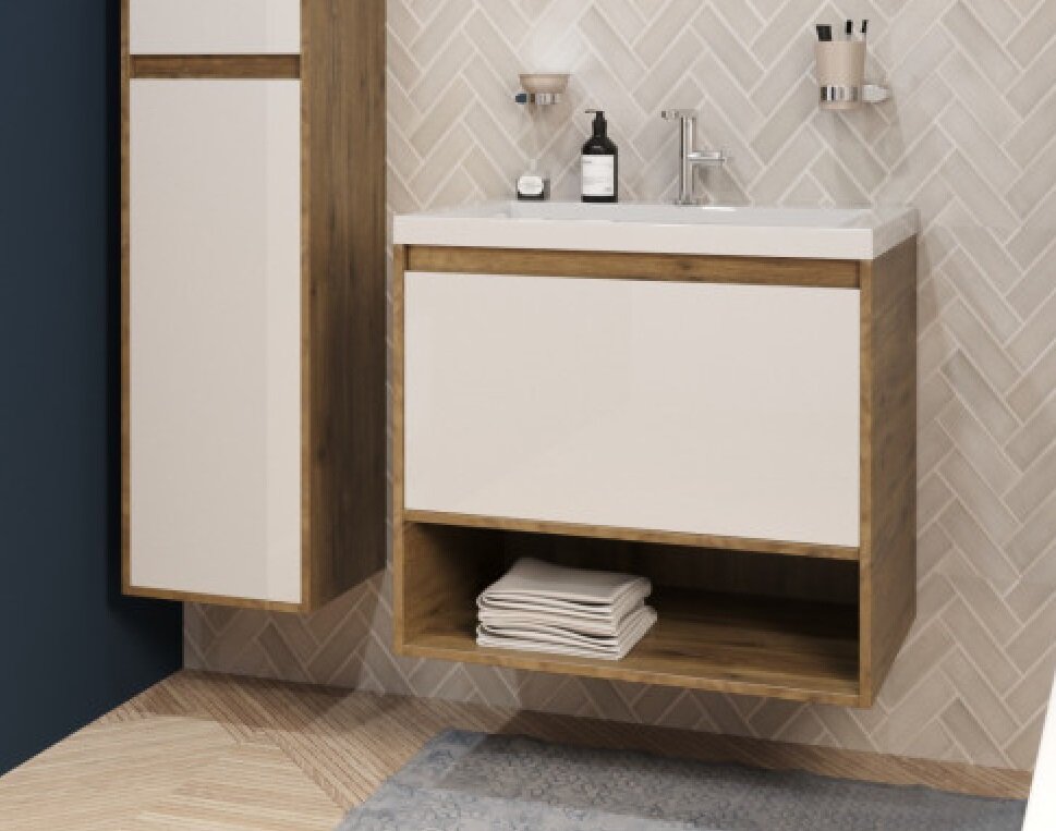 Изображение товара Тумба с раковиной Эстет Монако Wood 60 см, 1 ящик, ниша, белый/дуб рустикальный, ФР-00010681