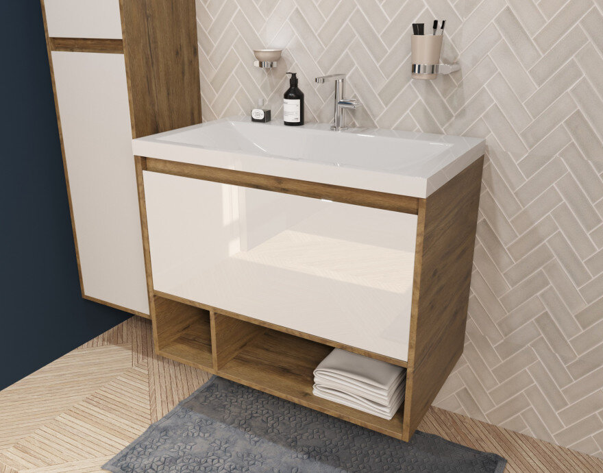 Изображение товара Тумба с раковиной Эстет Монако Wood 80 см подвесная белая с дубом рустикальным