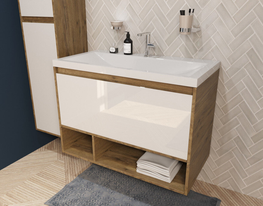 Изображение товара Тумба с раковиной Эстет Монако Wood 90 см, 1 ящик, ниша, белый/дуб рустикальный, ФР-00010685