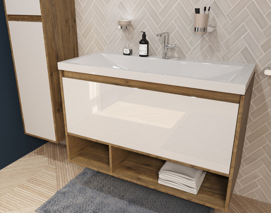 Изображение товара Тумба с раковиной Эстет Монако Wood 100 см, 1 ящик, ниша, белый/дуб рустикальный, ФР-00010686
