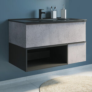 Изображение товара Тумба с раковиной Comforty Франкфурт, 90 см, подвесная, бетон светлый, раковина Comforty черная матовая, 00-00006503 (00-00006503CF)