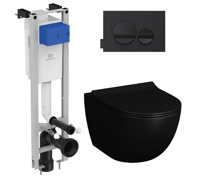 Изображение товара Инсталляция Ideal Standard узкая с унитазом VitrA Sento 7748B083-0101, цвет черный матовый, сиденье микролифт, клавиша черный матовый, комплект Santehnica.ru