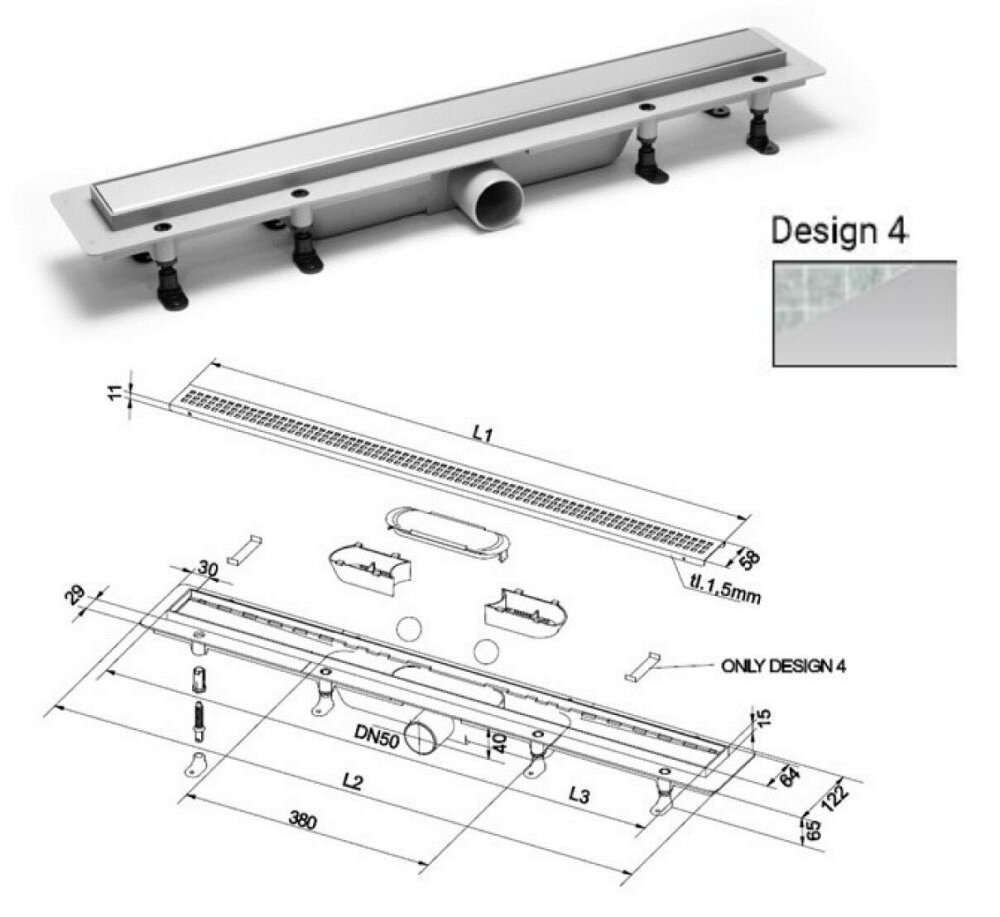 Изображение товара Дренажный канал PlastBrno Design 4 (2 в 1) 75 см, SZA4750