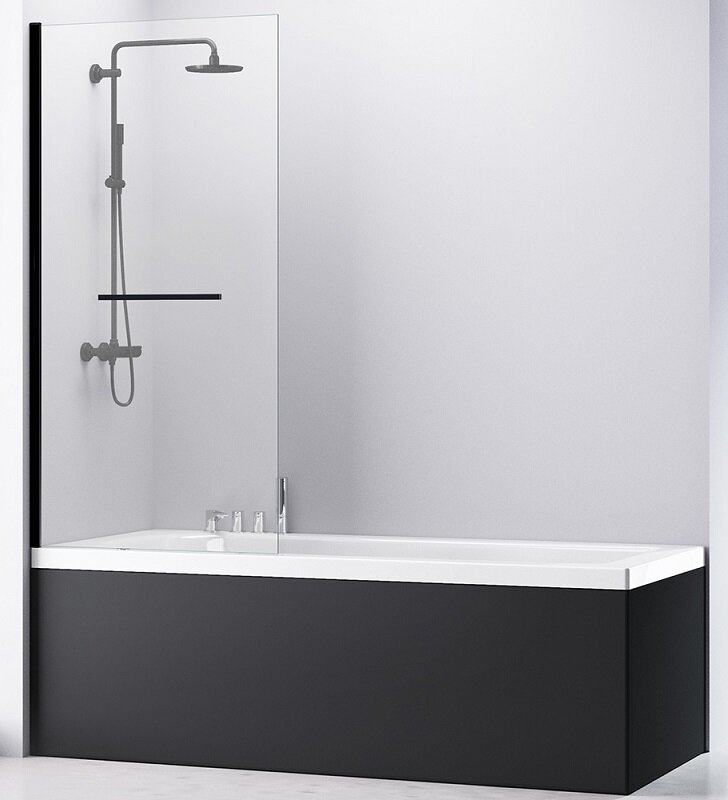 Изображение товара Фиксированная shower шторка на ванну 80x140 см с полотенцедержателем черный матовый стекло Germany