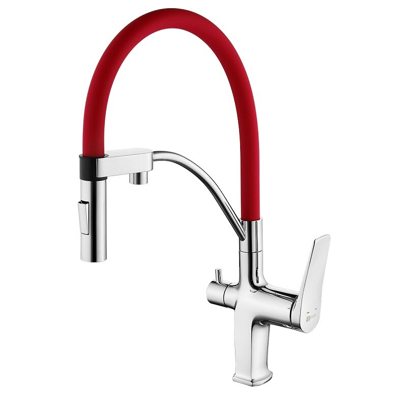 Изображение товара Смеситель кухонный Lemark Comfort LM3074C-Red с подключением к фильтру и вращающимся изливым