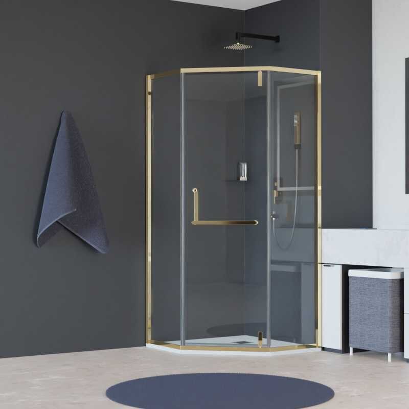 Изображение товара Душевой уголок RGW Hotel HO-084Gb, 350608499-016, 90 х 90 см, пятиугольный, дверь распашная, стекло прозрачное, профиль золото brush