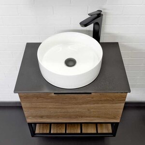 Изображение товара Тумба с раковиной Comfortу Порто, 60 см, подвесная, дуб темно-коричневый, черная столешница, раковина круглая Comfortу, 00-00010676 (00-00010676CF)