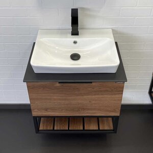 Изображение товара Тумба с раковиной Comfortу Порто 60 см подвесная черная столешница белая сталь и керамика