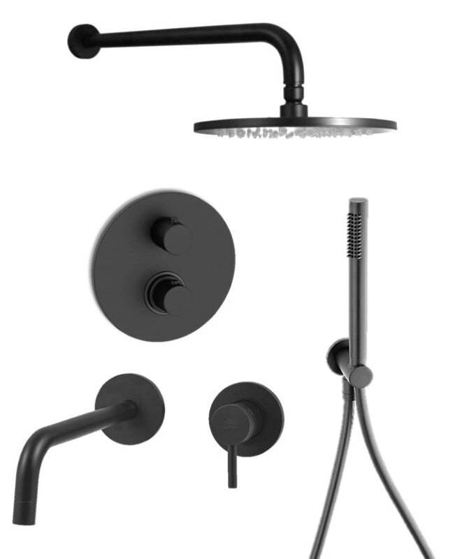 Изображение товара Душевая система Paffoni KIT LIG KITLIQ018NO006 встраиваемая, термостатическая, со встраиваемым смесителем для раковины, с изливом, черный матовый