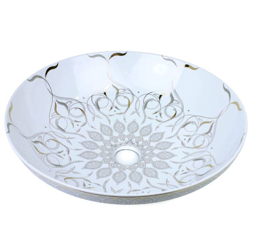 Изображение товара Раковина Bronze de Luxe Persia круглая 40.5х40.5 см накладная белая с серо-золотым декором