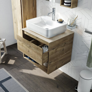 Изображение товара Тумба с раковиной Stworki Карлстад 60 см, с полкой, дуб рустикальный/простоун беж, 425083