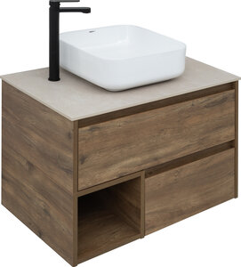 Изображение товара Тумба с раковиной Stworki Карлстад 75 см, с отверстием для смесителя в столешнице, дуб рустикальный/простоун беж, 425257