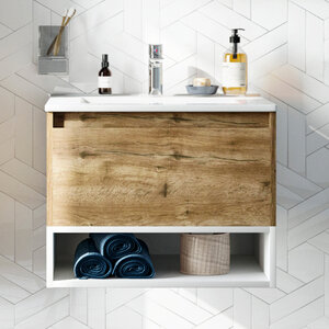Изображение товара Тумба с раковиной Stworki Карлстад 60 см, подвесная, белая/дуб рустикальный