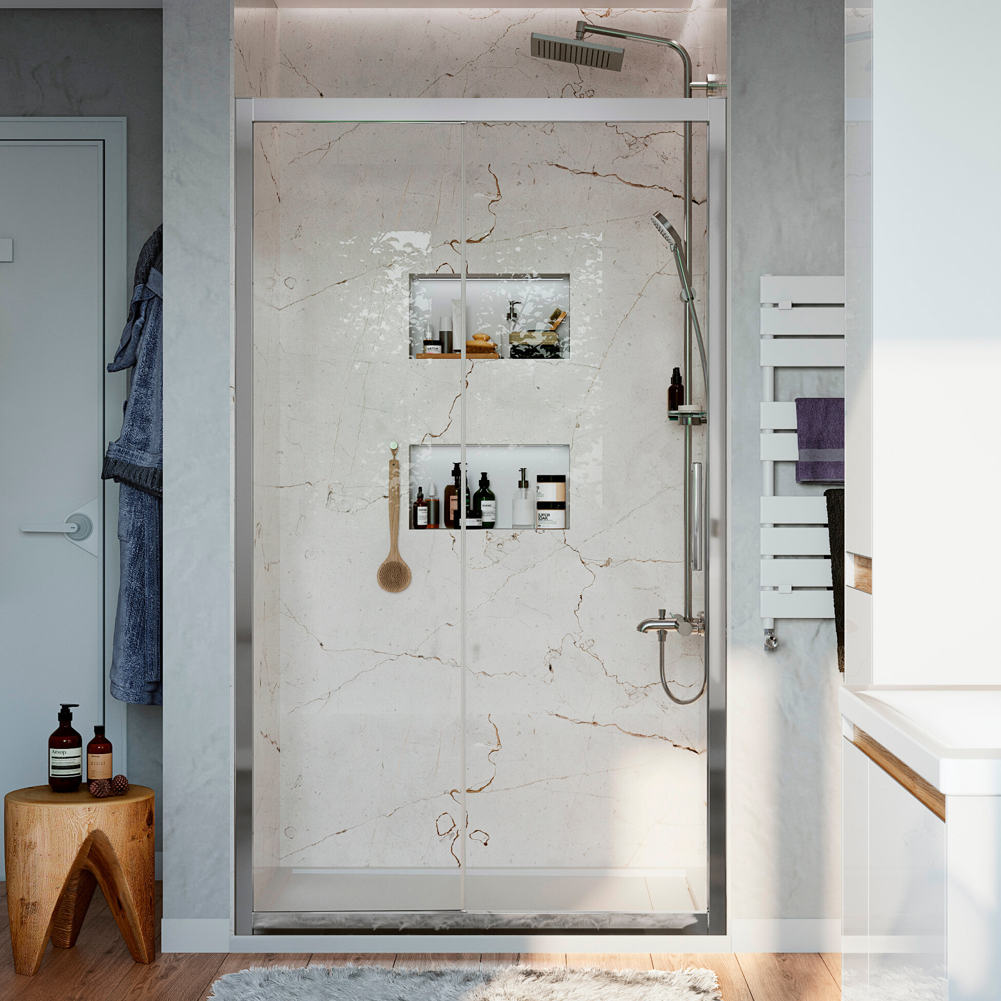 Изображение товара Душевая дверь Stworki Стокгольм раздвижная 140 см хром глянцевая стекло Россия