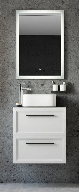 Изображение товара Комплект мебели Stworki Эстерсунд 60 см, с отверстием под смеситель в столешнице, белый матовый/простоун беж, 459717