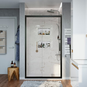 Изображение товара Душевая дверь раздвижная Stworki Стокгольм 130 см с прозрачным стеклом и черным профилем