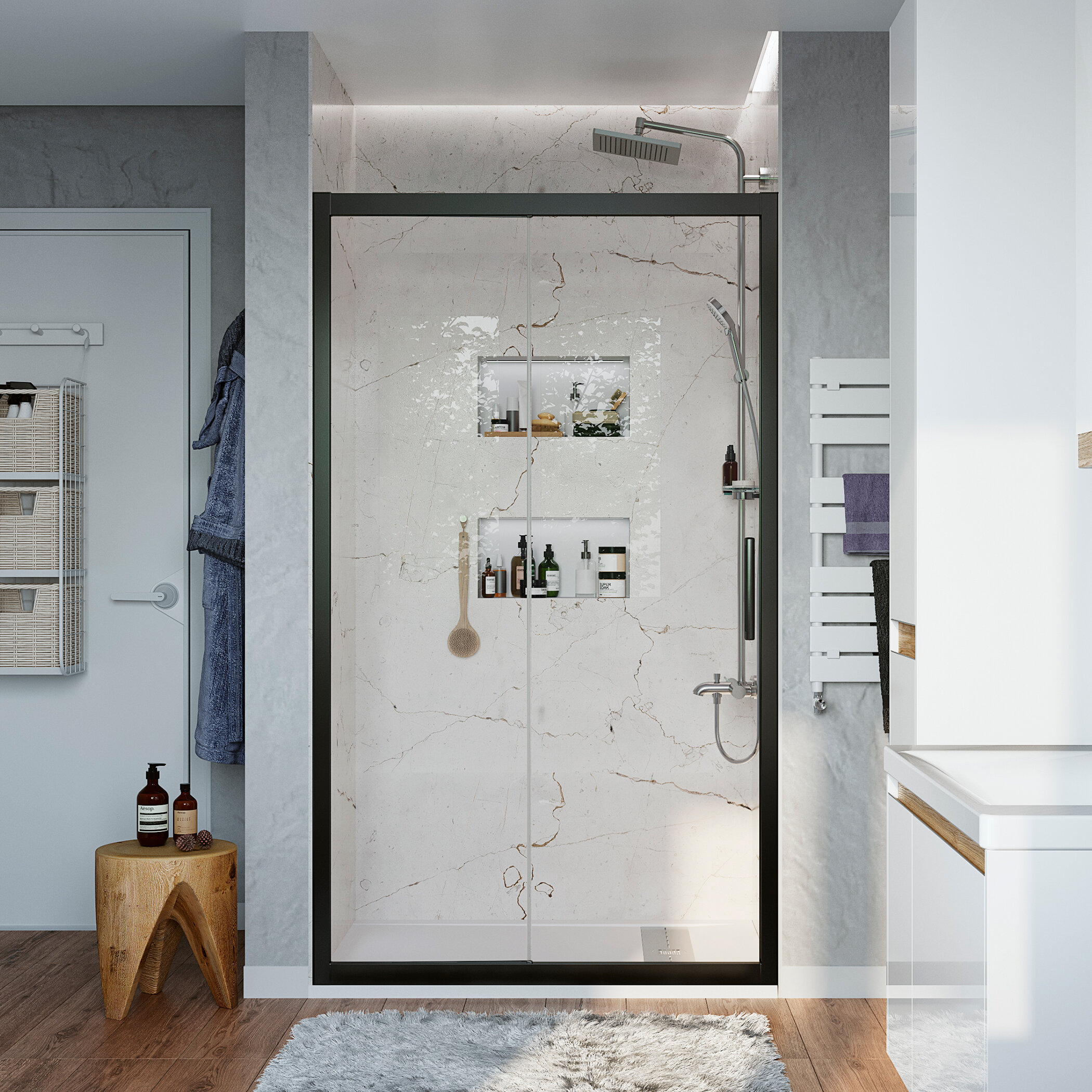 Изображение товара Душевая дверь Stworki Стокгольм DE019D2130200BLK 130 см, раздвижная, профиль черный матовый, стекло прозрачное, 3GW061TTKK000