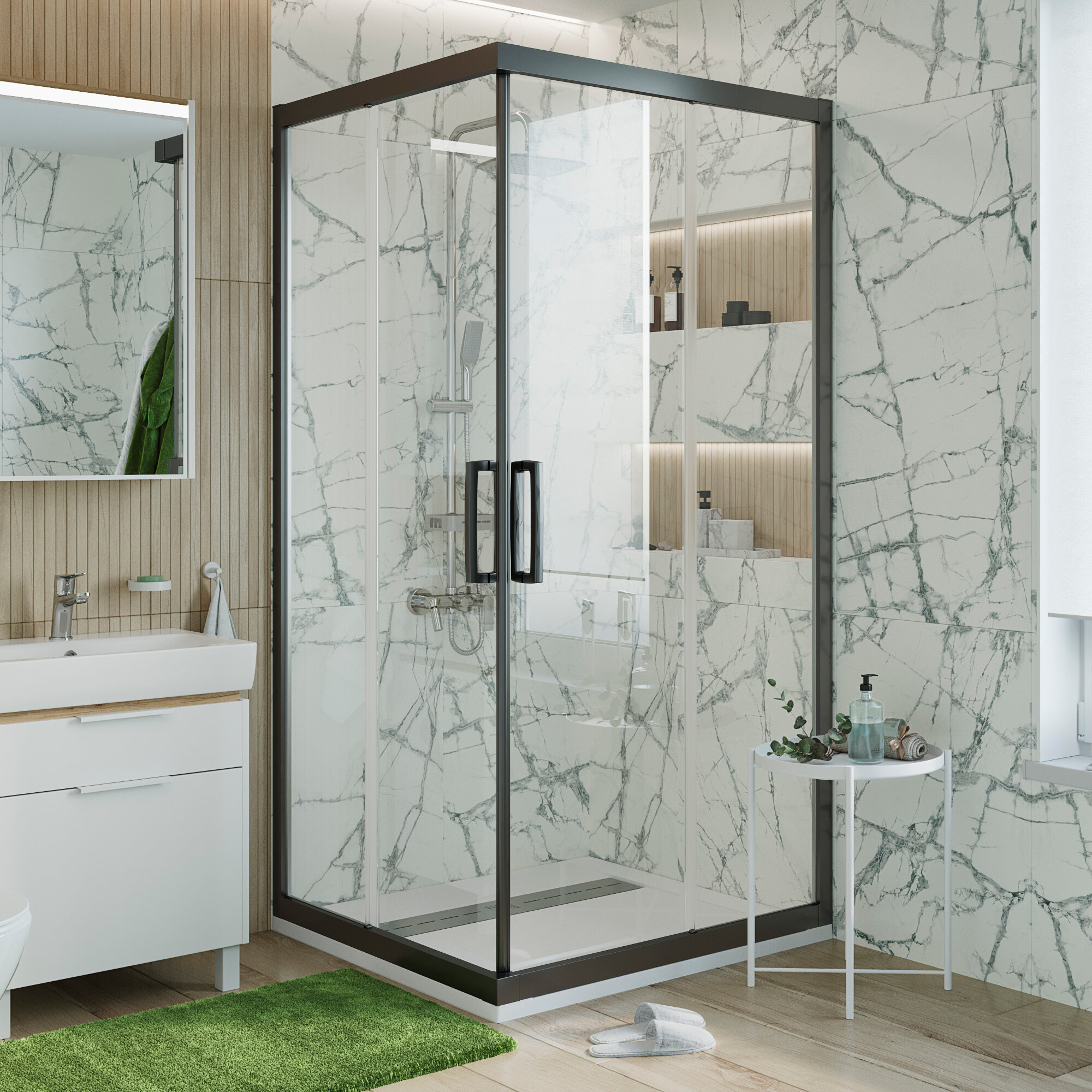 Изображение товара Душевой уголок Stworki Дублин DE019SC100100200BLK 100 x 100 см, профиль черный матовый, стекло прозрачное, 3GW070TTKK000