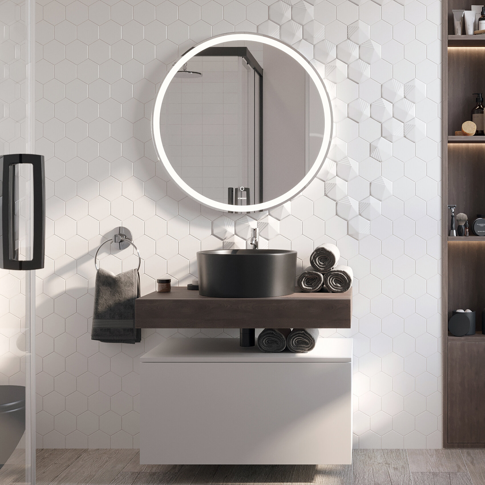 Изображение товара Комплект мебели Stworki Ольборг 80 см, столешница дуб карпентер, тумба 80 см, раковина черная, 481927