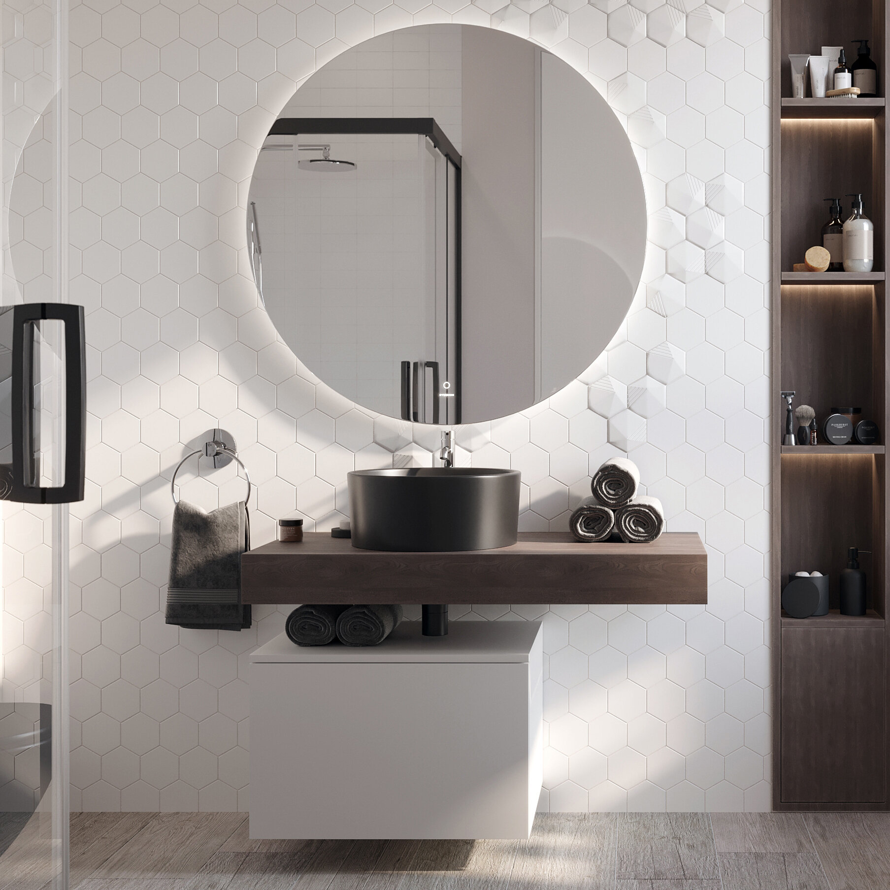 Изображение товара Комплект мебели Stworki Ольборг 100 см, столешница дуб карпентер, тумба 60 см, раковина черная, 481986