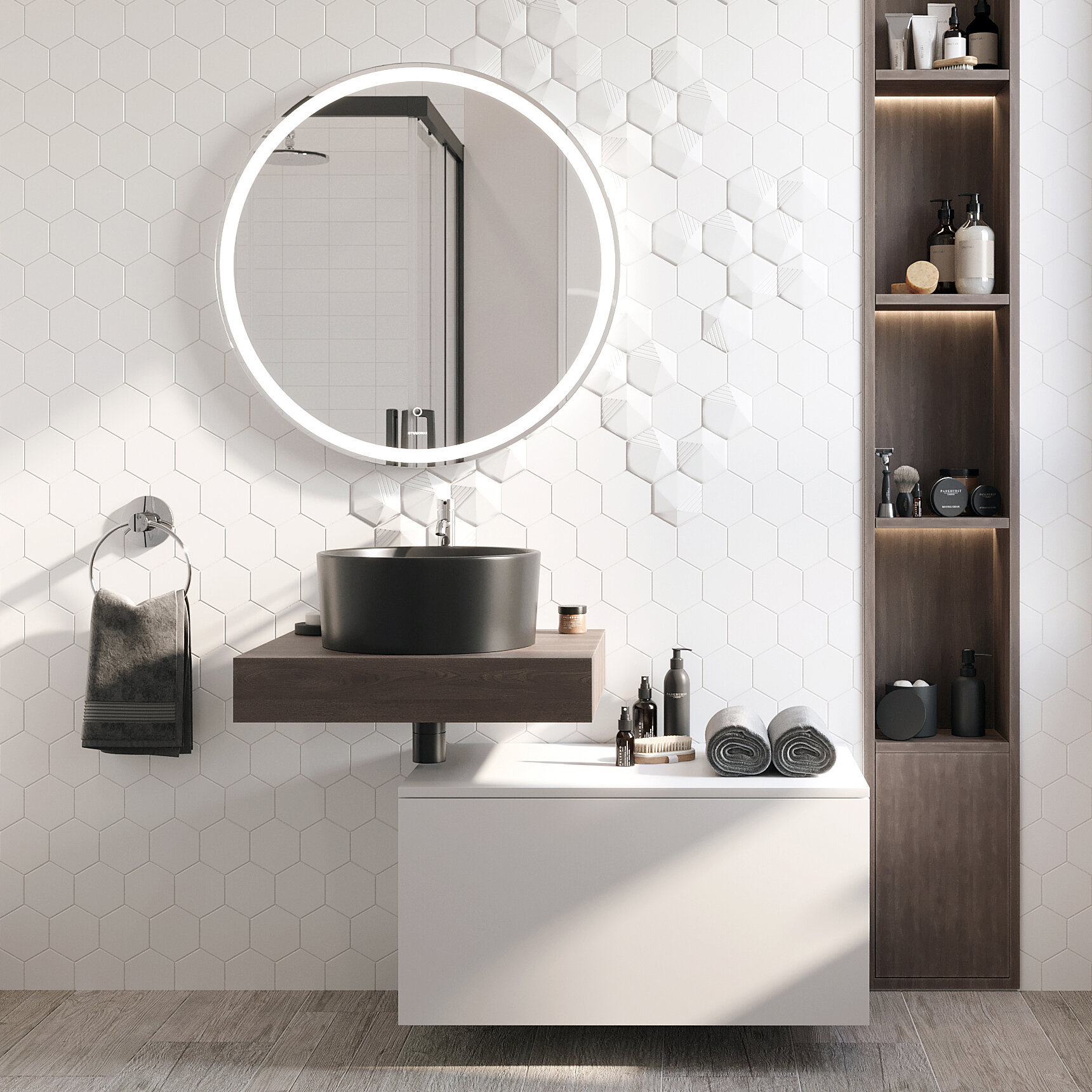 Изображение товара Комплект мебели Stworki Ольборг 60 см, столешница дуб карпентер, тумба 80 см, раковина белая, 482613