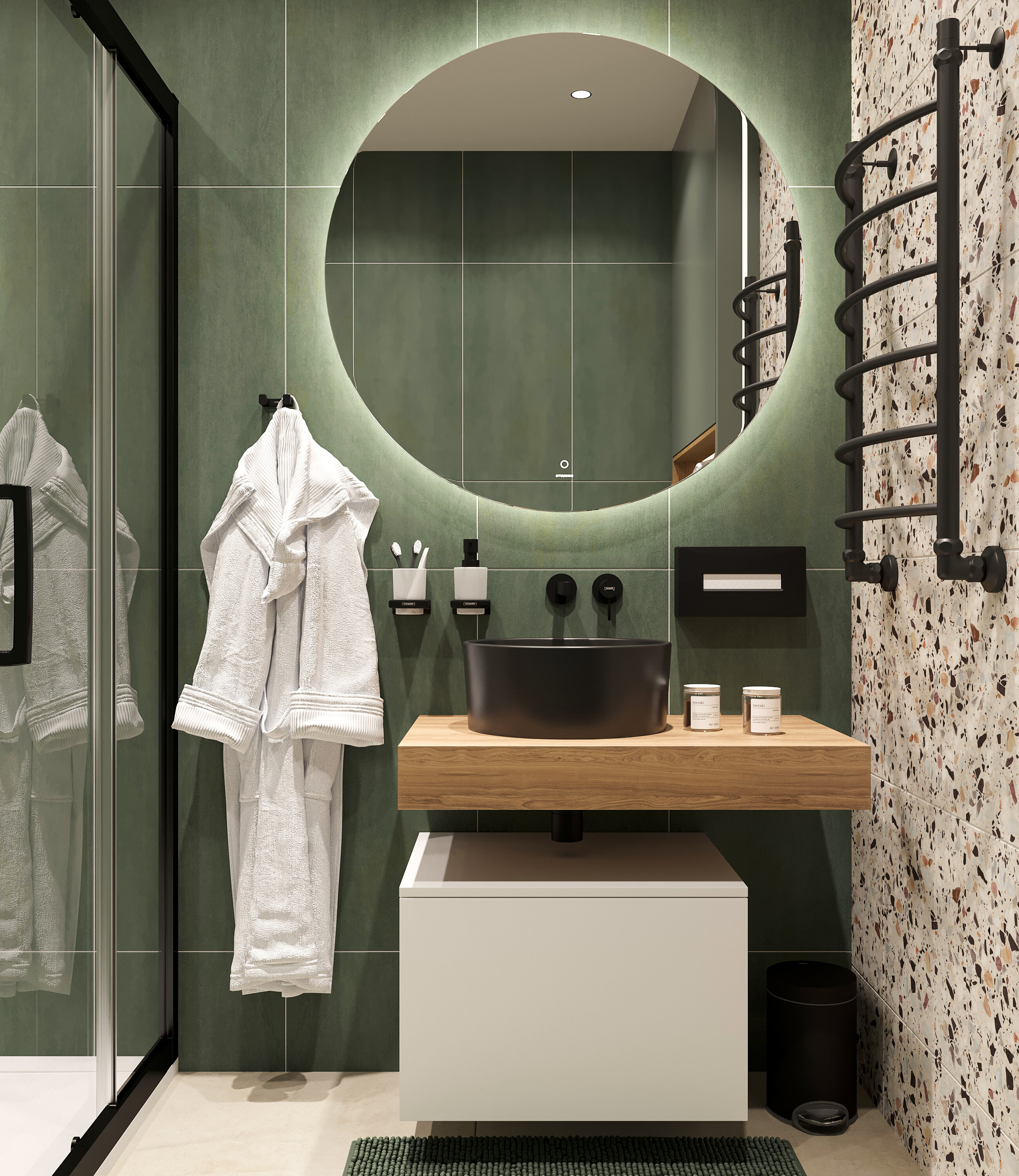 Изображение товара Комплект мебели Stworki Ольборг 80 см, столешница дуб французский, тумба 50 см, раковина черная, 482724