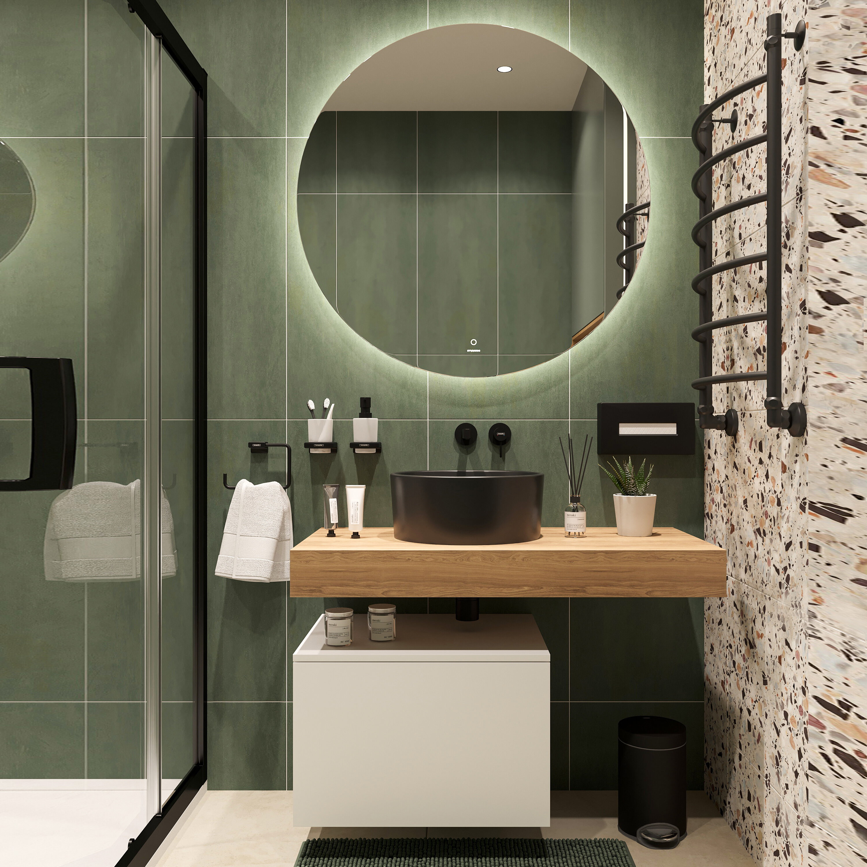 Изображение товара Комплект мебели Stworki Ольборг 100 см, столешница дуб французский, тумба 60 см, раковина черная, 483360