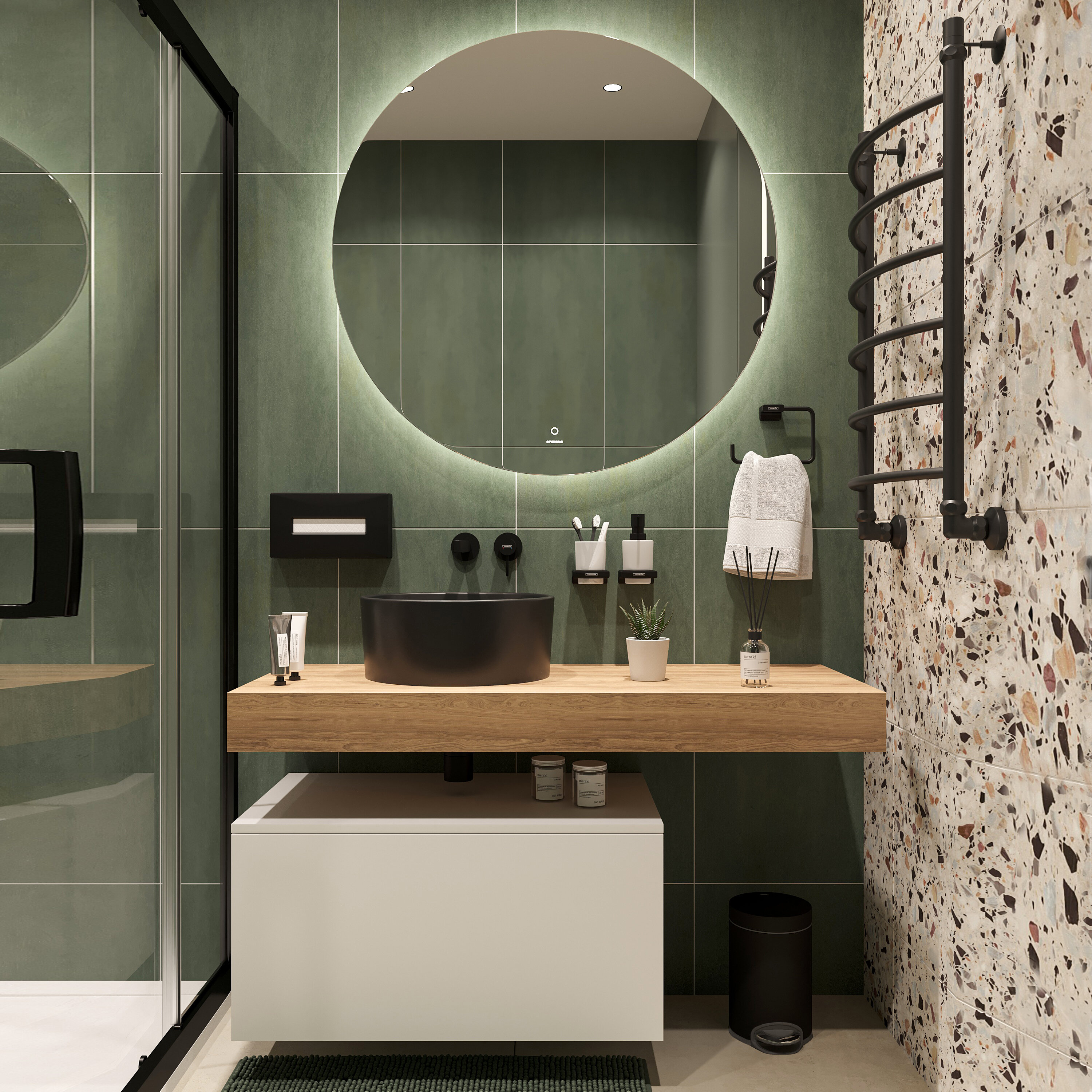 Изображение товара Комплект мебели Stworki Ольборг 120 см, столешница дуб французский, тумба 80 см, раковина черная, 483364