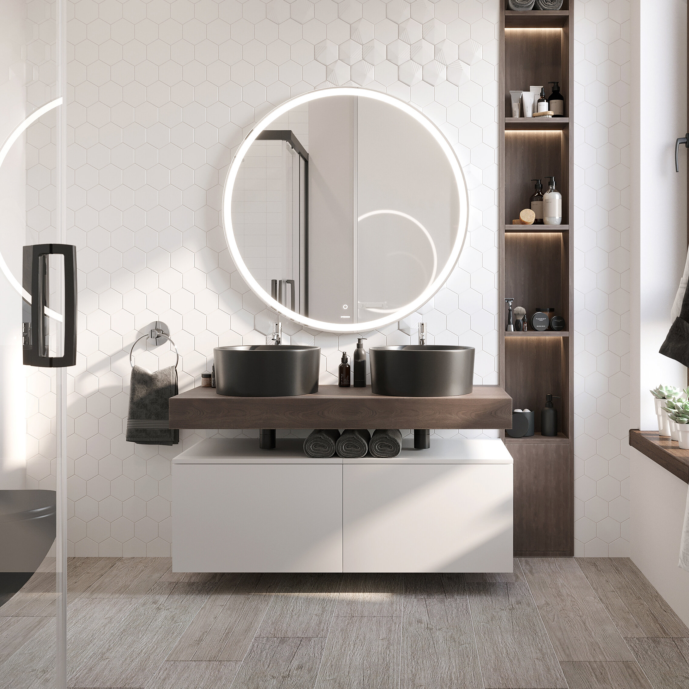 Изображение товара Комплект мебели Stworki Ольборг 120 см, столешница дуб карпентер, 2 тумбы 60 см, 2 раковины черные, 483398