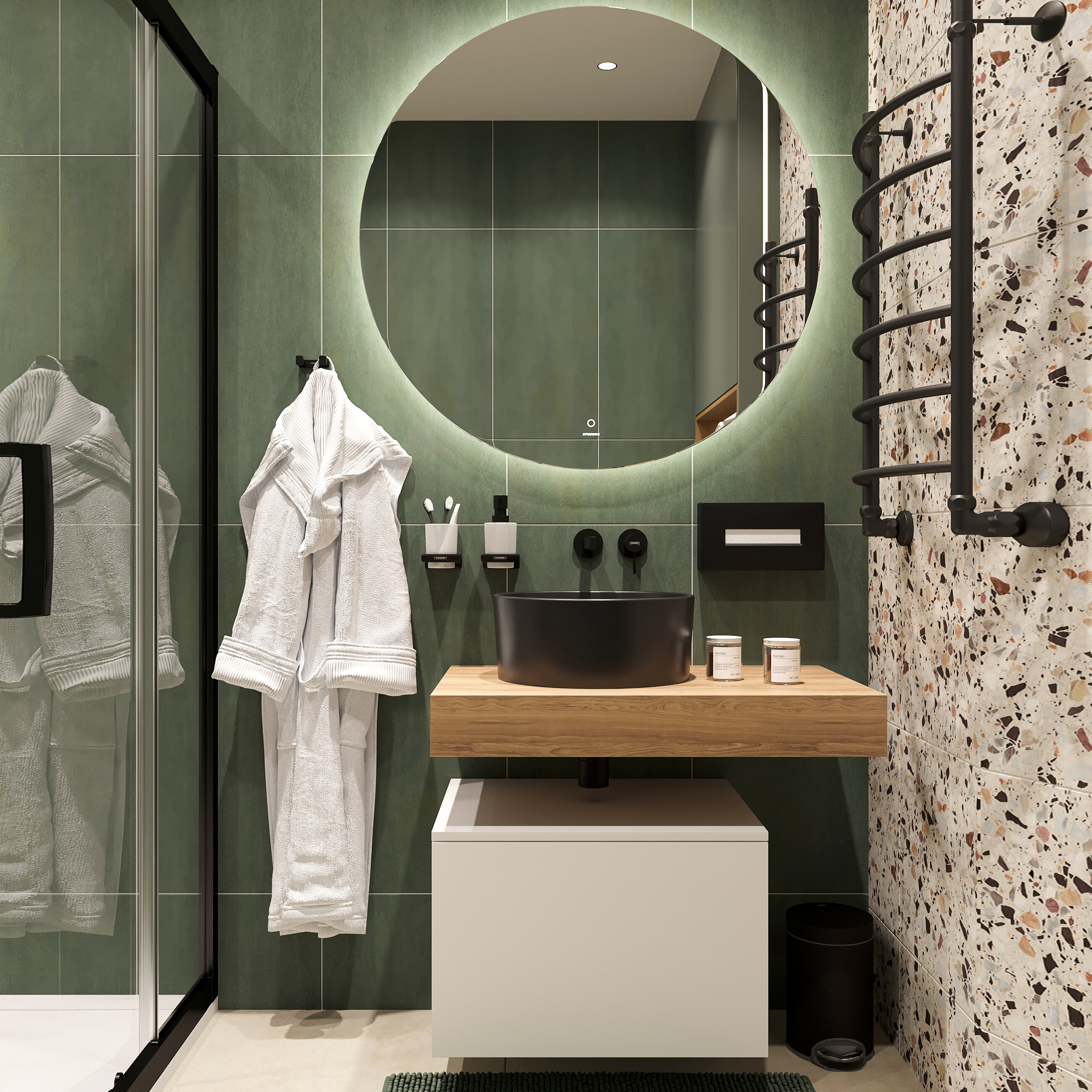 Изображение товара Комплект мебели Stworki Ольборг 80 см, столешница дуб французский, тумба 60 см, раковина черная, 486638