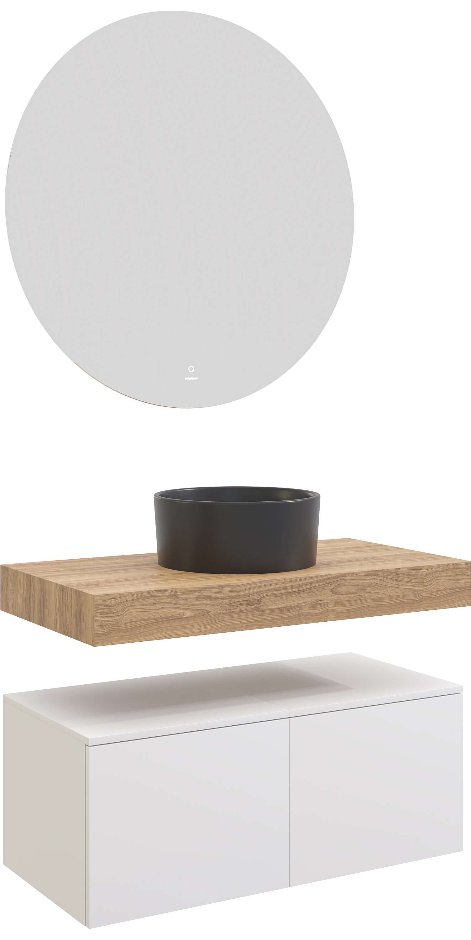 Изображение товара Комплект мебели Stworki Ольборг 100 см, столешница дуб французский, 2 тумбы 50 см, раковина черная, 490018