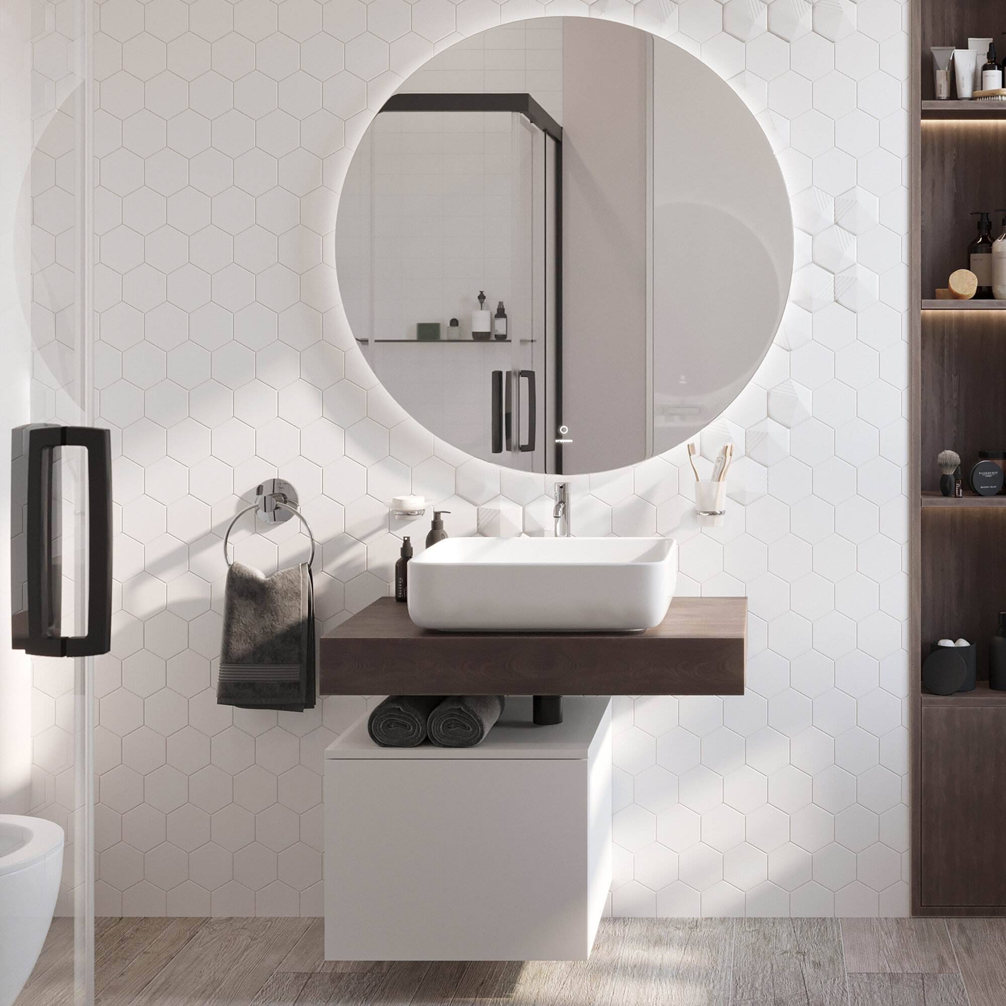 Изображение товара Комплект мебели Stworki Ольборг 80 см, столешница дуб карпентер, тумба 50 см, раковина белая, 489280