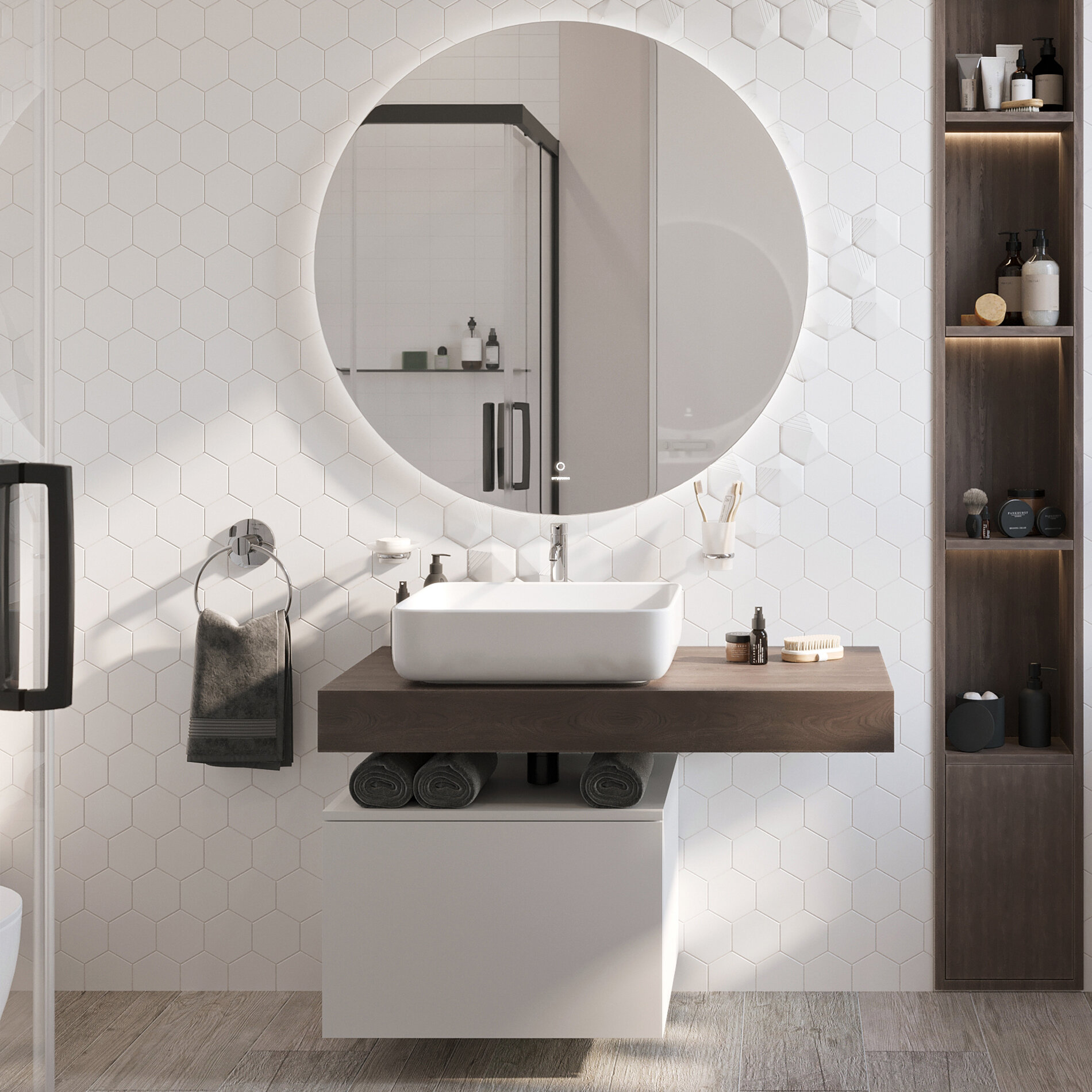 Изображение товара Комплект мебели Stworki Ольборг 100 см, столешница дуб карпентер, тумба 60 см, раковина белая, 489322