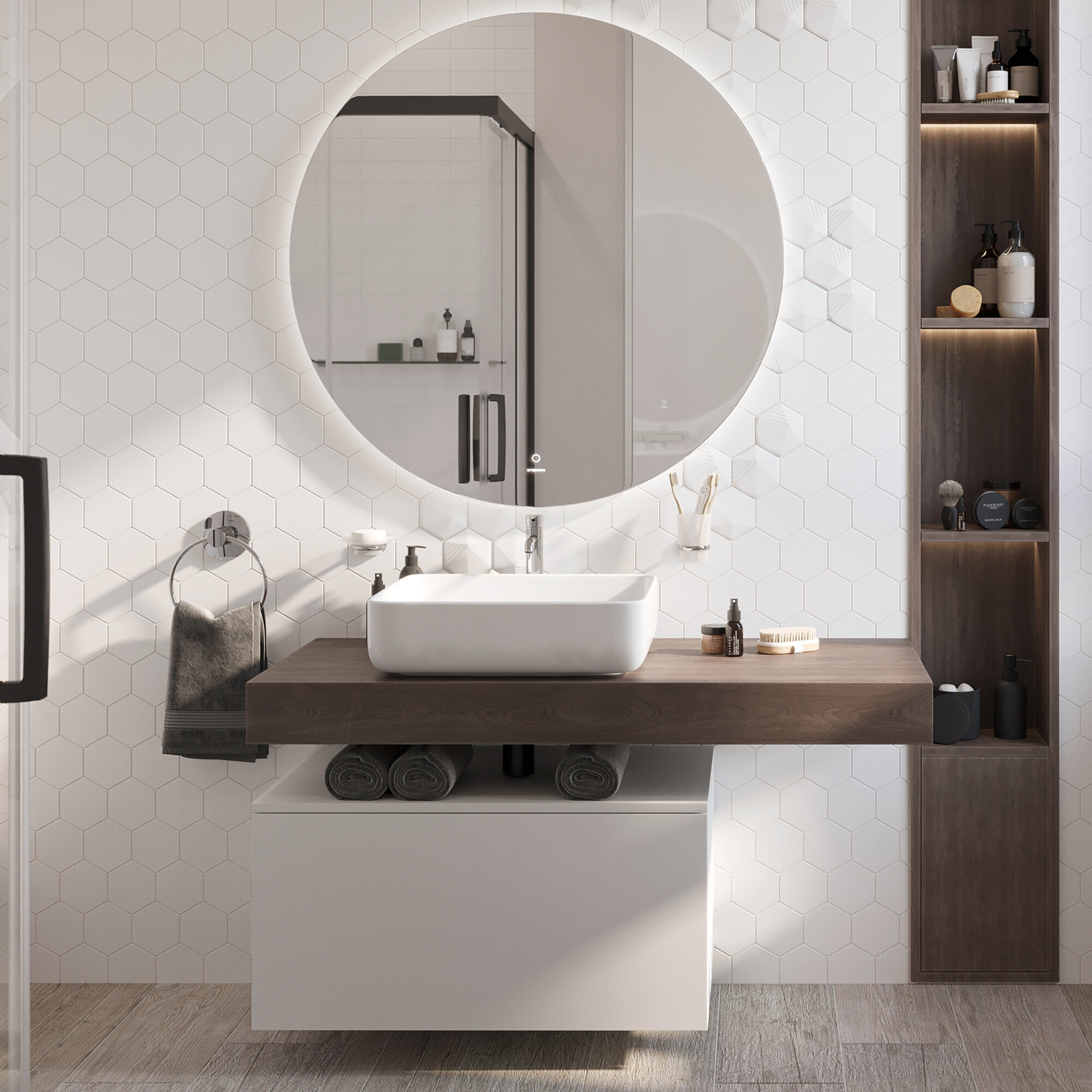 Изображение товара Комплект мебели Stworki Ольборг 120 см, столешница дуб карпентер, тумба 80 см, раковина белая, 489341